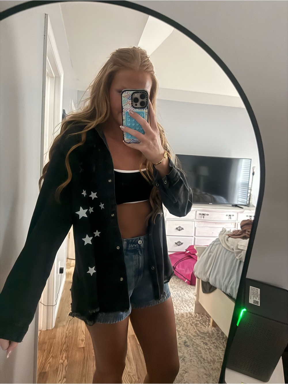 Black Star-Print Women's Button-Up Jacket